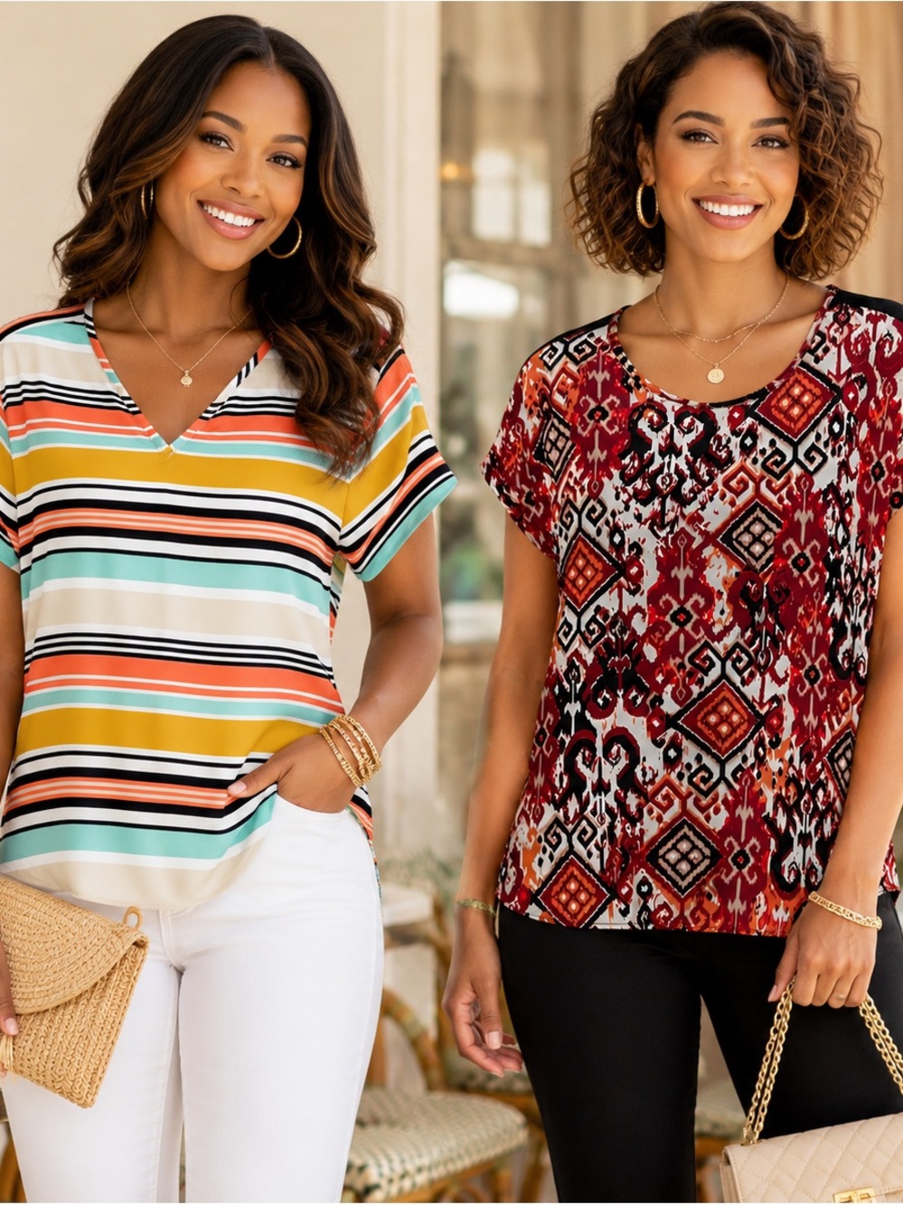 Van Heusen Striped V-Neck Short Sleeve Top in Yellow, Teal & Black